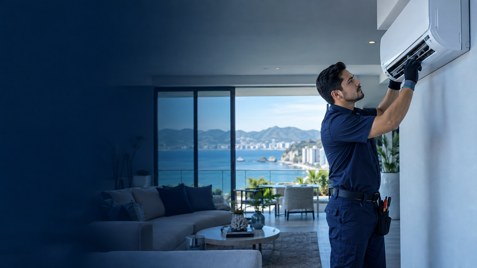 Técnico especializado en aire acondicionado con vista de Acapulco